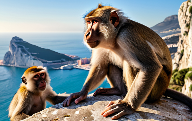 Historic Gibraltar rock with Barbary Macaques, overlooking the Strait of Gibraltar.