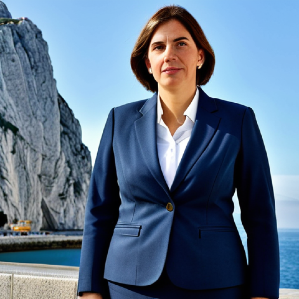 ** A professional businesswoman in a modest business suit, standing in front of the iconic Rock of Gibraltar, fully clothed, appropriate attire, safe for work, perfect anatomy, natural proportions, professional photography, high quality.

**