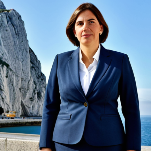 Home 8 ** A professional businesswoman in a modest business suit, standing in front of the iconic Rock of Gibraltar, fully clothed, appropriate attire, safe for work, perfect anatomy, natural proportions, professional photography, high quality.
**
