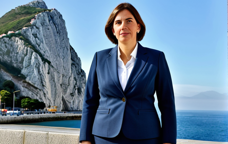 ** A professional businesswoman in a modest business suit, standing in front of the iconic Rock of Gibraltar, fully clothed, appropriate attire, safe for work, perfect anatomy, natural proportions, professional photography, high quality.

**